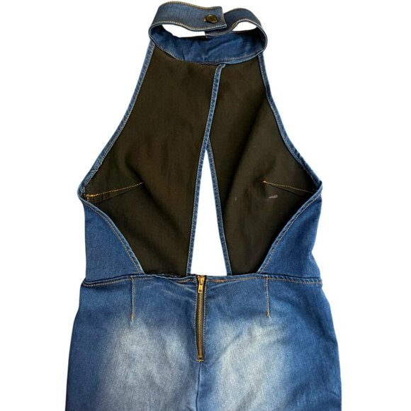 M Michel Open Back Flared Denim Jumpsuit Size Small - Picture 6 of 16
